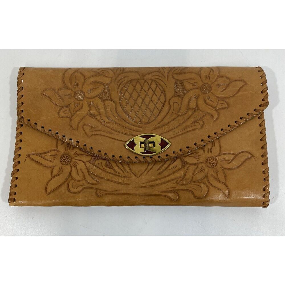 OOAK Vintage Hand Tooled Stitch Tan Leather Clutch Handbag Purse Hippie Boho 12”